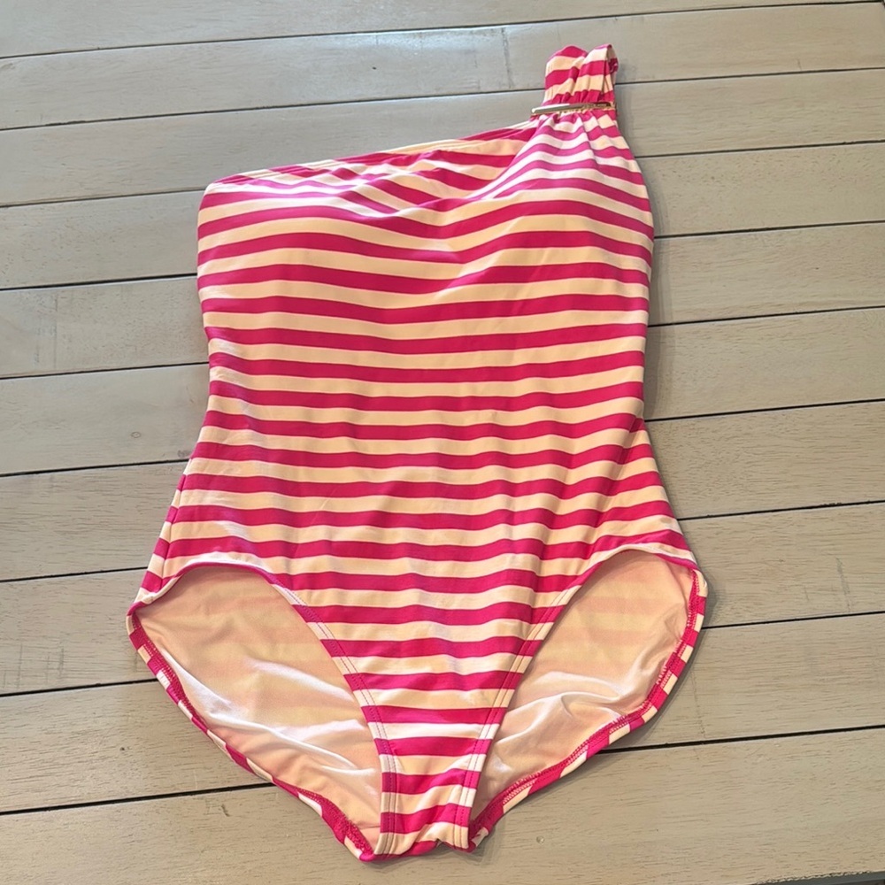 MICHAEL KORS | One Shoulder Pink & White stripe 1 Piece Swimsuit Bathing Suit 12